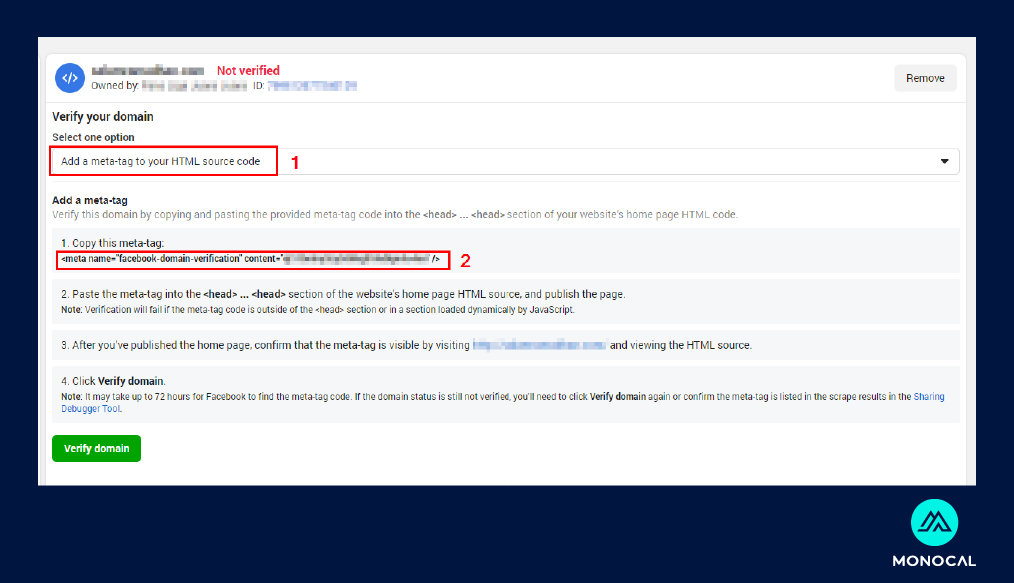 cara verify domain facebook - meta tag 01