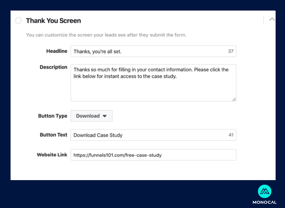 apa itu leads - form thank you screen